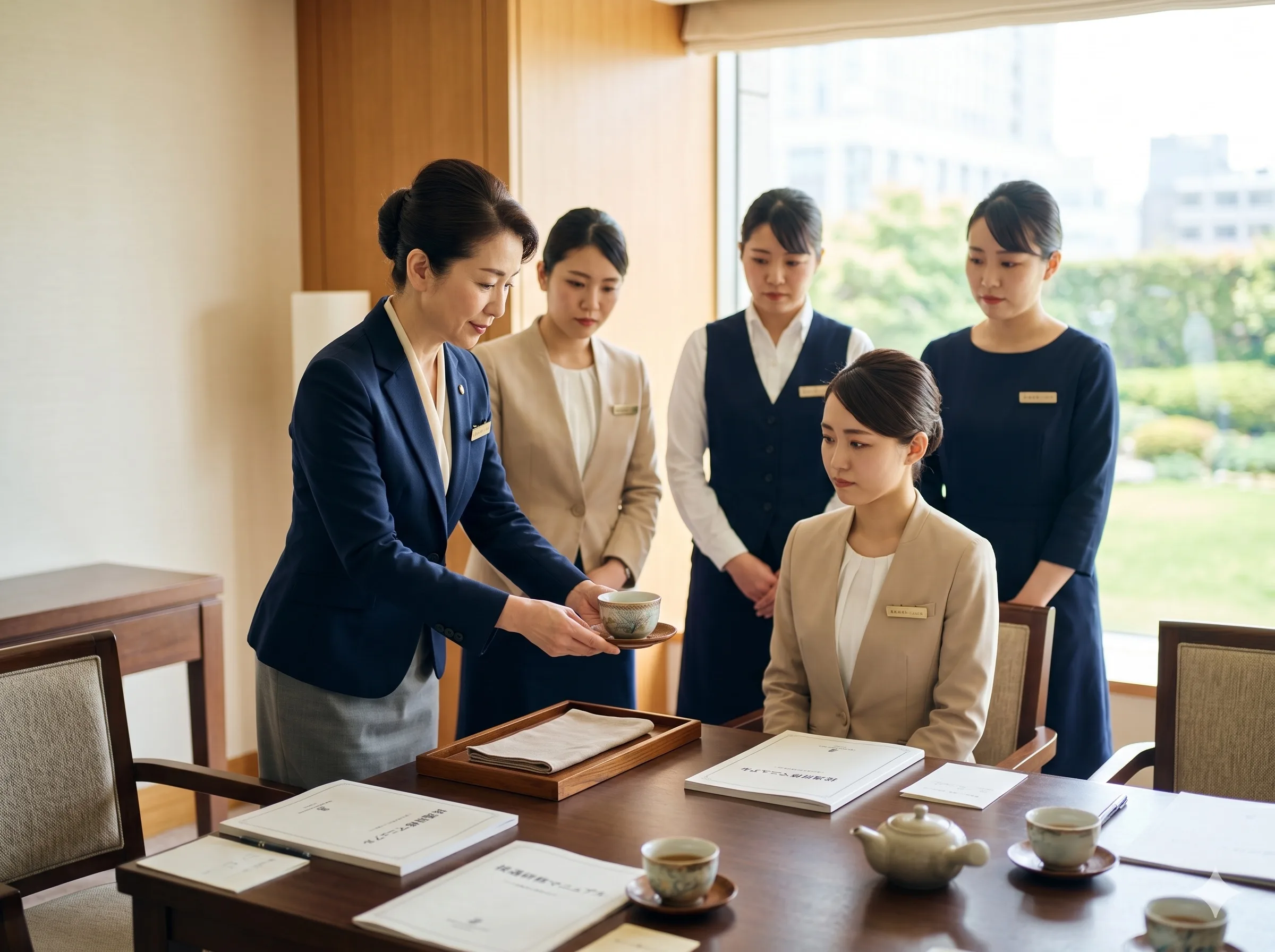 接遇マニュアルに基づくホスピタリティ研修を受けるアテンダントたち