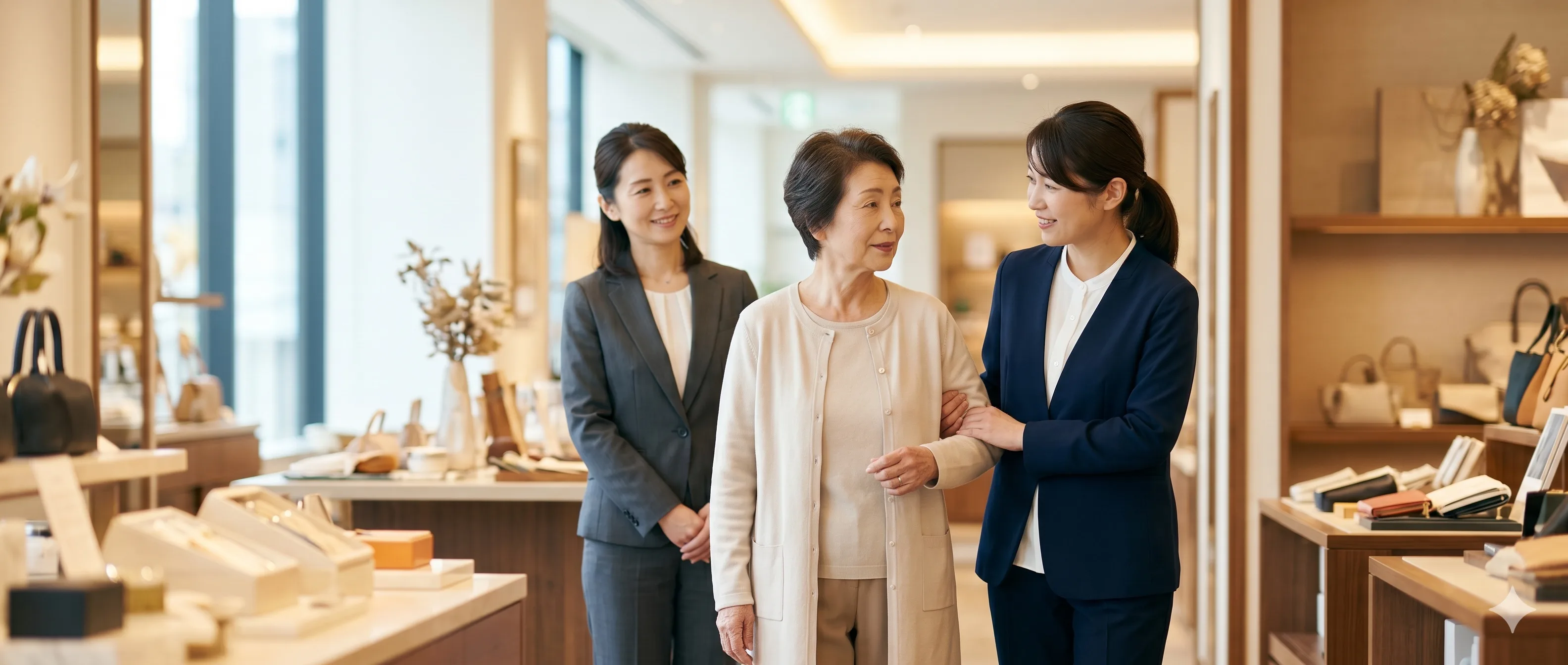 一流ホテルのような接遇で、ご家族と一緒にデパートで買い物を楽しんでいるアテンダント。それを見て安心している子世代（ビジネスケアラー）の姿。